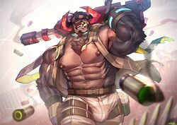  1boy abs absurdres ammunition_pouch animal_ears bara bare_pectorals belt blurry bulge bullet chest_tuft cow_ears cow_horns cowboy_shot dated depth_of_field facial_hair fingerless_gloves furry furry_male gloves goatee gun headband highres horns large_bulge large_pectorals live_a_hero looking_at_viewer male_focus minotaur muscular muscular_male navel navel_hair_peek nipples obsidius_(live_a_hero) official_alternate_costume open_clothes over_shoulder pants pectorals pouch signature smoke smoking_barrel solo striped_clothes striped_pants thick_arms thigh_belt thigh_strap vorusu weapon weapon_over_shoulder 