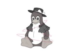  2023 4:3 aeki-yi ambiguous_gender avian beak belly big_belly bird black_body black_clothing black_eyes clothing digital_media_(artwork) drape feet hand_on_belly hand_on_foot hi_res hidden_text linux monochrome mouth_closed penguin pupils renko_usami simple_background touhou tux_(linux) white_background white_belly white_ribbon 