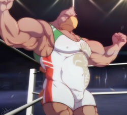  2023 accipitrid accipitriform angry anthro avian biceps bird bulge eagle fighting_ring fist flexing flexing_bicep flexing_both_biceps funeral-paws hi_res male manly musclegut muscular navel_outline nipple_outline obliques pecs solo triceps wrestling_singlet 