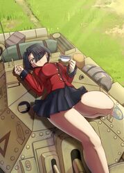  absurdres black_hair blue_eyes breasts crusader_(tank) cup female girls_und_panzer hair_over_one_eye highres holding holding_cup inisipis large_breasts lying military_uniform military_vehicle miniskirt motor_vehicle on_back outdoors panties pantyshot short_hair skirt solo st._gloriana&#039;s_military_uniform tank tea teacup underwear uniform vanilla_(girls_und_panzer) white_panties 