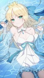  absurdres ahoge artoria_caster_(fate) artoria_caster_(swimsuit)_(fate) artoria_pendragon_(fate) bare_shoulders blonde_hair blush bow breasts collarbone detached_sleeves dress_swimsuit facial_mark fate/grand_order fate_(series) female forehead_mark green_eyes hairbow highres long_hair looking_at_viewer lying mati5572 on_back one-piece_swimsuit small_breasts smile solo swimsuit thighs very_long_hair water white_one-piece_swimsuit wide_sleeves 