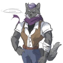  1:1 anthro baidou bandage barazoku beard belt bottomwear canid canine canis clothing core_tailang facial_hair hair male mammal muscular muscular_anthro muscular_male pants pleasant_goat_and_big_big_wolf purple_beard purple_facial_hair purple_hair purple_scarf scarf shirt simple_background topwear white_background wolf 