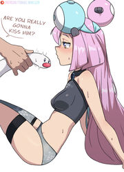  1boy absurdres adapted_costume arm_support blush breasts character_hair_ornament commentary english_text female green_hair grey_panties grey_thighhighs hair_ornament highres holding holding_pokemon iono_(pokemon) leaning_back long_hair midriff multicolored_hair panties patreon_logo pink_hair pokemon pokemon_(creature) pokemon_sv shirt single_thighhigh speech_bubble sports_bra sweat thigh_strap thighhighs tobias_wheller two-tone_hair underwear watermark white_background wiglett 