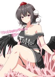  absurdres bare_legs bird_wings black_hair black_shirt black_skirt black_wings breasts cheerleader cleavage clothes_writing collarbone commentary_request crop_top feathered_wings female glue_trap hat highres medium_breasts midriff miniskirt pom_pom_(clothes) red_hair rise_(rise19851203) shameimaru_aya shirt short_hair simple_background skirt sleeveless sleeveless_shirt solo strap_slip tank_top tokin_hat touhou translated white_background wings 