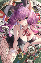  alternate_costume angry animal_ears aura_(sousou_no_frieren) aura_bullying_(meme) bare_shoulders black_leotard blue_eyes blush braid breasts casino cleavage clenched_teeth commentary contemporary crossed_bangs curvy demon_girl demon_horns detached_collar embarrassed eyelashes fake_animal_ears fake_tail female fishnet_pantyhose fishnets foreshortening from_above hair_between_eyes hand_on_own_thigh hand_up highres holding_scale horns indoors large_breasts leotard long_hair looking_at_viewer low-braided_long_hair low-tied_long_hair meme monster_girl multiple_braids neck_ribbon pantyhose plant_girl playboy_bunny purple_hair quad_braids rabbit_ears rabbit_tail red_ribbon ribbon sitting solo sousou_no_frieren strapless strapless_leotard suidou_chaahan tail tears teeth thigh_gap thighs tsurime v-shaped_eyebrows weighing_scale white_wrist_cuffs wrist_cuffs yokozuwari 