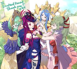  4girls blue_hair blush breasts cleavage cloak commentary_request commission dress fire_emblem fire_emblem:_three_houses fire_emblem_awakening fire_emblem_engage fishnet_thighhighs fishnets flower_brooch green_hair heart heart-shaped_pupils highres in-franchise_crossover ivy_(fire_emblem) lumera_(fire_emblem) minorudonguri multiple_girls ponytail purple_hair rhea_(fire_emblem) see-through see-through_headwear skeb_commission standing symbol-shaped_pupils thank_you thighhighs tiara tiki_(adult)_(fire_emblem) tiki_(fire_emblem) yuri 