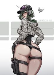  aelion_draws ass black_choker blush camouflage choker closed_mouth commentary ela_(rainbow_six_siege) english_commentary female green_eyes green_hair grey_hat grey_jacket gun handgun hat headphones highleg highleg_leotard highres holding holding_weapon hood hood_down jacket leotard lips looking_at_viewer looking_back medium_hair patreon_username rainbow_six_siege signature simple_background solo standing thigh_strap weapon white_background 