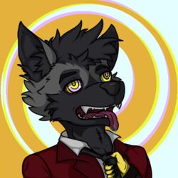  1:1 anthro bodily_fluids brainwashing caine_latrans_(artist) canid canine canis clothing drooling duo hypnosis mammal mind_control necktie power reversal ringed_eyes saliva solo_focus suit tongue tongue_out tugging wolf 