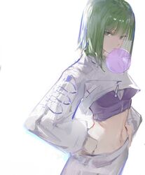  absurdres arknights blowing_bubbles chewing_gum commentary_request cowboy_shot crop_top cropped_jacket ela_(rainbow_six_siege) ela_(safehouse)_(rainbow_six_siege) female green_eyes green_hair hands_on_own_hips highres jacket long_sleeves looking_at_viewer medium_hair midriff navel official_alternate_costume pants purple_shirt rainbow_six_siege shijiubashuazi shirt simple_background solo white_background white_jacket white_pants 