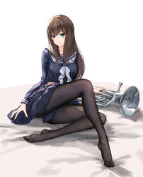  black_pantyhose blue_eyes blue_shirt blue_skirt brown_hair commentary_request english_commentary euphonium feet female grey_neckerchief hibike!_euphonium highres instrument knee_up kuroe_mayu legs long_hair long_sleeves mixed-language_commentary neckerchief no_shoes pantyhose pleated_skirt sailor_collar school_uniform serafuku shirt sitting skirt solo spread_toes toes yuzuriha_(atelier_liang) 