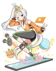  akane_(akane112234) animal_ears asymmetrical_clothes bandaid bandaid_on_face bandaid_on_forehead bare_shoulders black_gloves blush braid carrot commentary_request crop_top detached_sleeves ear_covers fanny_pack female fingerless_gloves gloves green_footwear grey_hair headband high_ponytail highres horse_ears horse_girl horse_tail horseshoe knee_pads long_hair long_sleeves looking_at_viewer midriff one_eye_closed orange_eyes pants salute shoes simple_background single_braid single_knee_pad single_pantsleg smile sneakers solo sonon_elfie_(umamusume) stretching sweat tail umamusume v white_background 