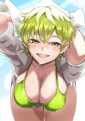  absurdres bent_over bikini blue_background blue_sky breasts cleavage female green_bikini green_eyes green_hair green_pupils highres izumo_tenka large_breasts leaning_forward looking_at_viewer mato_seihei_no_slave open_clothes open_mouth shirt short_hair skindentation sky smile solo swimsuit teeth water_drop wet white_shirt yamada_otonari 