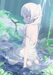  absurdres back bare_shoulders barefoot closed_mouth dangle_earrings dress earrings elf female frieren full_body green_eyes highres jewelry kneeling long_hair outdoors painnico partially_submerged pointy_ears ponytail solo sousou_no_frieren strap_slip water waterfall wet wet_clothes white_dress white_hair 