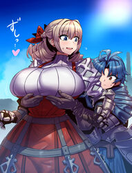  1boy absurdres alain_(unicorn_overlord) alternate_breast_size alternate_eye_color armor blonde_hair blue_eyes blue_hair blush braid breasts brown_eyes commission dress drill_hair embarrassed female gauntlets grabbing grabbing_another&#039;s_breast grabbing_from_behind groping hair_intakes hair_ribbon highres huge_breasts long_hair open_mouth red_dress ribbon scarlett_(unicorn_overlord) short_hair skeb_commission straight sweat sweater tukiwani turtleneck turtleneck_sweater unicorn_overlord 