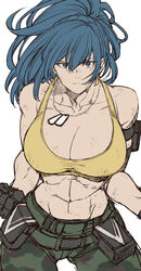  abs arm_pouch biceps black_gloves blue_eyes blue_hair breasts camouflage crop_top dog_tags earrings female gloves jewelry large_breasts leona_heidern midriff muscular muscular_female ponytail simple_background soldier solo tank_top the_king_of_fighters the_king_of_fighters_xv triangle_earrings white_background yasunososaku yellow_tank_top 