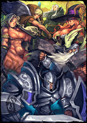  3boys 3girls abs andrewcockroach armlet armor beard bikini bikini_armor blonde_hair blue_eyes bow_(weapon) braid breasts circlet cleavage dragon&#039;s_crown dual_wielding dwarf dwarf_(dragon&#039;s_crown) elf elf_(dragon&#039;s_crown) everyone facial_hair fake_horns fighter_(dragon&#039;s_crown) full_armor gloves glowing glowing_eyes group_picture hair_over_one_eye halberd hammer hat helmet highleg highleg_bikini highleg_swimsuit holding hood horned_helmet horns large_breasts multiple_boys multiple_girls navel photoshop_(medium) pointy_ears polearm purple_eyes red_eyes red_hair shield sorceress_(dragon&#039;s_crown) staff swimsuit sword tattoo thick_thighs thighs twin_braids weapon white_hair witch_hat wizard_(dragon&#039;s_crown) 