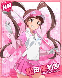  :d ball blush brown_eyes brown_hair character_name commentary_request female golf golf_ball golf_club grin holding holding_ball holding_golf_ball idolmaster idolmaster_million_live! looking_at_viewer matsuda_arisa official_art open_mouth skirt smile solo twintails visor_cap 