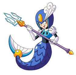  absurd_res blue_eyes capcom female hi_res humanoid humanoid_face looking_at_viewer machine marine mega_man_(series) megaman_(classic) melee_weapon merfolk official_art polearm robot robot_humanoid robot_master simple_background solo splash_woman split_form trident unknown_artist weapon white_background 