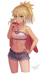  belt black_belt blonde_hair breasts collarbone cropped_legs dated denim denim_shorts fate/apocrypha fate_(series) female fon-due_(fonfon) green_eyes highres holding holding_clothes holding_jacket jacket jewelry looking_at_viewer mordred_(fate) mordred_(fate/apocrypha) navel necklace parted_lips ponytail shirt shorts signature simple_background solo white_background white_shirt 