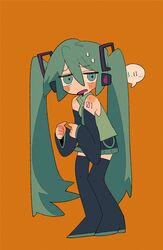  adpx bare_shoulders black_footwear black_skirt black_sleeves blue_eyes blue_hair blush boots collared_shirt dated detached_sleeves female frown full_body furrowed_brow green_shirt hair_ornament hatsune_miku headphones highres hunched_over index_fingers_together long_hair long_sleeves looking_at_viewer nervous number_tattoo open_mouth orange_background own_hands_together pleated_skirt shirt shoulder_tattoo simple_background skirt sleeveless sleeveless_shirt solo speech_bubble standing sweat tattoo thigh_boots twintails very_long_hair vocaloid 