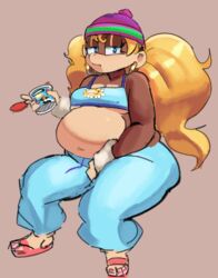  2022 alternative_fashion amekaji anthro beanie belly big_belly biped blonde_hair blue_eyes bottomwear breasts brown_body cleavage clothed clothing colored_nails crop_top dessert digital_drawing_(artwork) digital_media_(artwork) donkey_kong_(series) ear_piercing ear_ring eyelashes feet female fluffy fluffy_hair food food_container footwear full-length_portrait ganguro_(fashion) gyaru hair haplorhine hat headgear headwear hi_res holding_food holding_ice_cream holding_object ice_cream j-fashion justdavefnd lidded_eyes looking_at_viewer love_handles mammal monkey multicolored_body nails narrowed_eyes navel nintendo nipple_outline overweight overweight_anthro overweight_female pants piercing pink_nails pink_toenails portrait pouting primate ring_piercing sandals shirt simple_background sitting small_breasts solo streetwear sweatpants tan_background tan_body thick_thighs tiny_kong toenails toes topwear twintails two_tone_body under_boob wristband y2k_(fashion) 