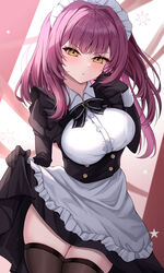  :o absurdres azur_lane black_bow black_bowtie black_gloves black_thighhighs blush bow bowtie breasts buttons collared_dress cowboy_shot devonshire_(azur_lane) dress female gloves hair_intakes hand_up highres juliet_sleeves kuon_(kuon) long_hair long_sleeves looking_at_viewer maid maid_headdress parted_lips puffy_sleeves purple_hair simple_background skirt_hold solo star_(symbol) thighhighs yellow_eyes 