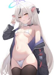  :3 absurdres animal_ears bikini black_bow black_choker black_jacket black_thighhighs blue_archive bow breasts cameltoe chinchilla_ears choker closed_mouth commentary dchiang female gradient_hair grey_hair hairbow halo highres jacket kokona_(blue_archive) looking_at_viewer micro_bikini multicolored_hair navel off_shoulder simple_background small_breasts smile solo standing stomach studded_choker swimsuit symbol-only_commentary thighhighs tongue tongue_out v white_background white_bikini white_hair yellow_eyes 