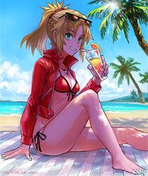  beach_towel bikini blonde_hair blue_eyes blue_nails blue_sky breasts cup dated eyewear_on_head fate/apocrypha fate_(series) female fon-due_(fonfon) glint grin holding holding_cup jacket jewelry looking_at_viewer mordred_(fate) necklace outdoors palm_tree ponytail red_bikini red_jacket shore signature sitting sky smile solo swimsuit towel tree 