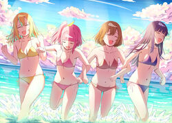  4girls absurdres bad_id bad_pixiv_id bikini blonde_hair blue_bikini blue_hair breasts brown_hair closed_eyes cloud collarbone commentary hair_ribbon highres horizon kouzuki_mahiru locked_arms long_hair medium_breasts multicolored_hair multiple_girls navel ocean one_side_up open_mouth outdoors pink_bikini pink_hair purple_hair red_bikini ribbon short_hair side-tie_bikini_bottom sky smile standing streaked_hair swimsuit takanashi_kim_anouk_mei two-tone_hair txbbxb wading watase_kiui yamanouchi_kano yellow_bikini yellow_ribbon yoru_no_kurage_wa_oyogenai 