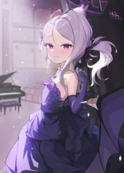  absurdres ahoge bare_shoulders blue_archive blurry blurry_background blush bow closed_mouth commentary_request dangle_earrings demon_girl demon_horns demon_wings depth_of_field dress earrings elbow_gloves evening_gown female gloves grand_piano hair_ribbon hairbow halo highres hina_(blue_archive) hina_(dress)_(blue_archive) hooming_illust horns instrument jewelry long_hair looking_at_viewer necklace official_alternate_costume official_alternate_hairstyle parted_bangs pearl_necklace pendant piano piano_bench piano_keys ponytail purple_dress purple_eyes purple_gloves ribbon sidelocks smile solo spotlight strapless strapless_dress theater theater_seating white_hair wings 