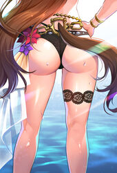  ass ass_focus bikini black_bikini bloody0rabby bracelet bridal_garter brown_hair commentary female flower flower_bikini hand_on_own_hip head_out_of_frame horse_girl horse_tail jewelry long_hair maruzensky_(blasting_off_summer_night)_(umamusume) maruzensky_(umamusume) md5_mismatch official_alternate_costume solo standing sweat swimsuit tail umamusume very_long_hair water 