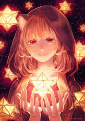  animal_ear_fluff animal_ears brown_eyes brown_hair cloak cupping_hands female highres hood hood_up hooded_cloak long_hair minami_seira own_hands_together raccoon_ears raccoon_girl raphtalia smile solo stellated_octahedron tate_no_yuusha_no_nariagari 