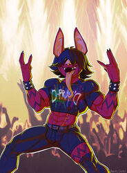  2023 abs anthro armband bat bat_ears black_clothing black_shirt black_t-shirt black_topwear clothing concert dark_hair devil_horns_(gesture) double_devil_horns_(gesture) fan_character fangs gesture hair hair_over_eyes hand_gesture hi_res lapinbeau long_tongue male mammal muscular muscular_male red_body red_skin rocking_out shirt signature solo spiked_armband spikes t-shirt teeth tongue topwear 