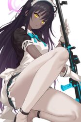  anti-materiel_rifle apron black_dress black_hair blue_archive blue_bow blue_bowtie bow bowtie boys_anti_tank_rifle closed_mouth commentary dark-skinned_female dark_skin deca_purio dress female gloves gun halo highres karin_(blue_archive) long_hair looking_at_viewer maid maid_apron maid_headdress on_one_knee pantyhose rifle short_sleeves simple_background sniper_rifle solo very_long_hair weapon white_apron white_background white_gloves white_pantyhose yellow_eyes 