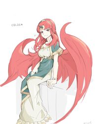  absurdres bracelet celica_(fire_emblem) cosplay dragon_wings dress fire_emblem fire_emblem_echoes:_shadows_of_valentia green_shirt hand_on_ground highres horns jewelry looking_at_viewer mila_(fire_emblem) mila_(fire_emblem)_(cosplay) red_eyes red_hair saiykik shirt single_horn white_background white_dress wings 