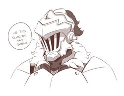  1boy armor artsy-rc covered_face english_text full_armor fur_trim goblin_slayer goblin_slayer! helmet highres male_focus monochrome plume simple_background solo upper_body visor_(armor) white_background 