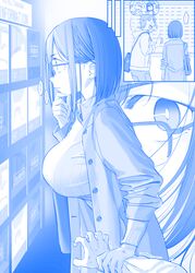  1boy anger_vein assertive_female bag bags_under_eyes blue_theme breasts commentary faceless faceless_male female getsuyoubi_no_tawawa glasses hand_on_own_face handbag highres himura_kiseki hokuro-chan_(tawawa) holding_another&#039;s_wrist large_breasts love_hotel monochrome open_mouth party pov short_hair tawawa_group thinking you_gonna_get_raped 