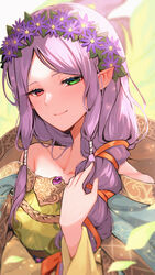  bare_shoulders collarbone dress female fire_emblem fire_emblem:_the_binding_blade fire_emblem_heroes flower green_eyes hair_flower hair_ornament heterochromia highres idunn_(divine_demon)_(fire_emblem) idunn_(fire_emblem) light_persona long_hair looking_at_viewer nakabayashi_zun off-shoulder_dress off_shoulder official_alternate_costume parted_bangs pointy_ears purple_hair red_eyes smile solo tied_hair 