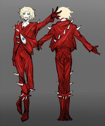  1boy blonde_hair blue_eyes bodysuit boots collared_shirt e.g.o_(project_moon) employee_(project_moon) extra_eyes flesh full_body gloves grey_background horns jacket lobotomy_corporation long_sleeves looking_at_viewer male_focus multiple_views necktie nishikujic nothing_there open_mouth project_moon red_bodysuit red_footwear red_gloves red_jacket red_necktie shirt simple_background smile white_shirt 