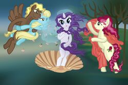  3:2 bedding birth_of_venus blanket blonde_hair compass_star_(mlp) cutie_mark detailed_background earth_pony equid equine female feral flower flying friendship_is_magic front_view group hair hasbro hi_res horn horse hug inspired_by_formal_art male mammal my_little_pony mythological_creature mythological_equine mythology outside pegasus plant pony pumqin purple_hair rarity_(mlp) red_hair rose_(mlp) sassaflash_(mlp) seashell shell standing tree unicorn water wind wings 