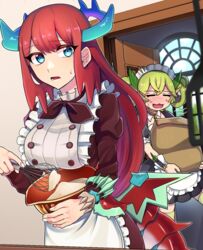  2girls :3 :d =_= apron batter black_dress blue_eyes blue_horns blush bowl breasts brown_choker brown_neckerchief buttons choker closed_eyes collar commentary_request detached_collar door dragon_girl dragon_horns dragon_tail dragon_wings dress duel_monster frilled_apron frilled_collar frilled_sleeves frills green_hair green_legwear hair_between_eyes hair_rings highres holding holding_bowl holding_sack holding_whisk horns indoors kitchen_dragonmaid lace-trimmed_apron lace_trim large_breasts long_hair long_sleeves looking_at_viewer lower_teeth_only maid maid_apron maid_headdress mixing mixing_bowl motion_lines multiple_girls neckerchief nose_blush open_door open_mouth parlor_dragonmaid pinyata_(pinyaland) puffy_long_sleeves puffy_short_sleeves puffy_sleeves red_dress red_hair sack short_sleeves sidelocks smile spatula standing sweatdrop tail teeth thighhighs upper_body whisk window wings wrist_cuffs yellow_horns yu-gi-oh! zettai_ryouiki 