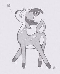  2023 bedroom_eyes deer disney eyelashes female feral head_tilt heart_symbol hi_res hooves horn kiff_(series) lockerobster looking_at_viewer mammal miss_deer_teacher monochrome narrowed_eyes raised_tail seductive simple_background solo tail traditional_media_(artwork) 