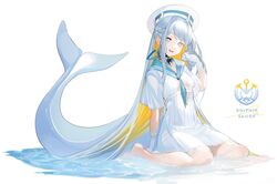  absurdres bad_id bad_twitter_id barefoot blonde_hair blue_eyes blue_hair cetacean_tail colored_inner_hair commentary dolphin_girl dress female fins fish_tail full_body gloves highres long_hair looking_at_viewer multicolored_hair open_mouth original shokuen_(oxstl) short_sleeves simple_background sitting smile tail very_long_hair wariza water white_background white_dress white_gloves white_headwear 