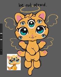  4:5 7_eyes 8_legs ambiguous_gender angel biblically_accurate_angel blue_eyes domestic_cat eyelashes felid feline felis feral halo hasbro hi_res littlest_pet_shop mammal multi_eye orange_body pawpads paws solo tail wings zuchi444 