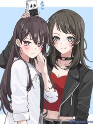  2girls bang_dream! bang_dream!_it&#039;s_mygo!!!!! black_choker black_jacket black_shirt blue_background blush border breasts bright_pupils brown_hair choker cleavage closed_mouth commentary_request earrings highres jacket jewelry juice_box long_hair long_sleeves milestone_celebration multiple_girls nanami_(nunnun_0410) navel notice_lines object_on_head open_clothes open_shirt purple_eyes red_shirt shiina_taki shirt simple_background smile sweatdrop textless_version twitter_username white_border white_pupils white_shirt yahata_umiri 