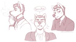  16:9 2020 aging anthro artist_name big_nose canid canine canis chest_tuft chotpot cigarette clothing dialogue digital_drawing_(artwork) digital_media_(artwork) domestic_dog dress_shirt english_text eyebrows facial_hair flat_colors fur goatee hair half-closed_eyes impressed jewelry kazuma_kiryu male mammal mature_male narrowed_eyes necklace red_dress_shirt red_hair red_theme ryuu_ga_gotoku sega shirt short_hair sideburns simple_background smile smoke smoking smoking_cigarette solo speech_bubble star_in_pupils suit text thick_eyebrows thinking topwear tuft white_body white_clothing white_dress_shirt white_fur white_suit widescreen yakuza_(series) yakuza_0 yakuza_6:_the_song_of_life 