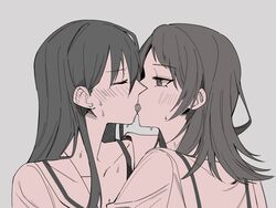  2girls bang_dream! bang_dream!_it&#039;s_mygo!!!!! blush closed_eyes commentary_request ear_blush french_kiss from_side highres kissing long_hair looking_at_another medium_hair monochrome multiple_girls nanami_(nunnun_0410) school_uniform serafuku shiina_taki sweat tongue upper_body yahata_umiri yuri 