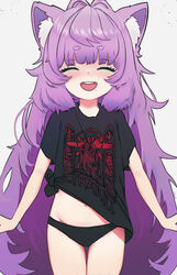  absurdres animal_ear_fluff animal_ears ass_visible_through_thighs black_panties black_shirt cat_ears closed_eyes commentary cowboy_shot female flat_chest highres long_hair mole mole_under_mouth muu_muyu navel open_mouth panties phase_connect print_shirt purple_hair shirt short_eyebrows simple_background solo teeth thick_eyebrows thigh_gap tied_shirt ultrakill underwear upper_teeth_only very_long_hair virtual_youtuber white_background xobevol 