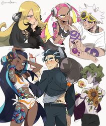  3boys 3girls arms_up artist_name awlba back_tattoo beak belt bikini bird black_dress black_hair black_pants black_suit blonde_hair blue_eyeshadow blue_hair blush brassius_(pokemon) cigarette closed_mouth commentary crop_top cynthia_(pokemon) dark-skinned_female dark_skin dress eyelashes eyeshadow eyewear_on_head flower_tattoo green_hair guzma_(pokemon) hair_over_one_eye hassel_(pokemon) highres larry_(pokemon) laughing long_hair makeup mature_male midriff milotic multicolored_hair multiple_boys multiple_girls navel nessa_(pokemon) one_eye_closed pants pink_hair plumeria_(pokemon) pokemon pokemon_(creature) pokemon_dppt pokemon_sm pokemon_sv pokemon_swsh rotom rotom_phone shirt short_hair simple_background smoking staravia streaked_hair suit sunglasses sweat swimsuit tattoo thick_eyebrows tramp_stamp twintails twitter_username two-tone_hair white_background white_bikini white_eyeshadow white_hair white_shirt wings yellow-framed_eyewear yellow_eyes 