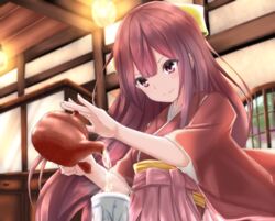  blush bow commentary_request cup female hairbow hakama hakama_skirt indoors japanese_clothes kamikaze_(kancolle) kantai_collection kimono lights long_hair obi pink_hakama pink_skirt pouring purple_eyes purple_hair risokaaso_(tommy9551) sash side_handle_teapot skirt smile solo tea teacup teapot wide_sleeves window yellow_bow 